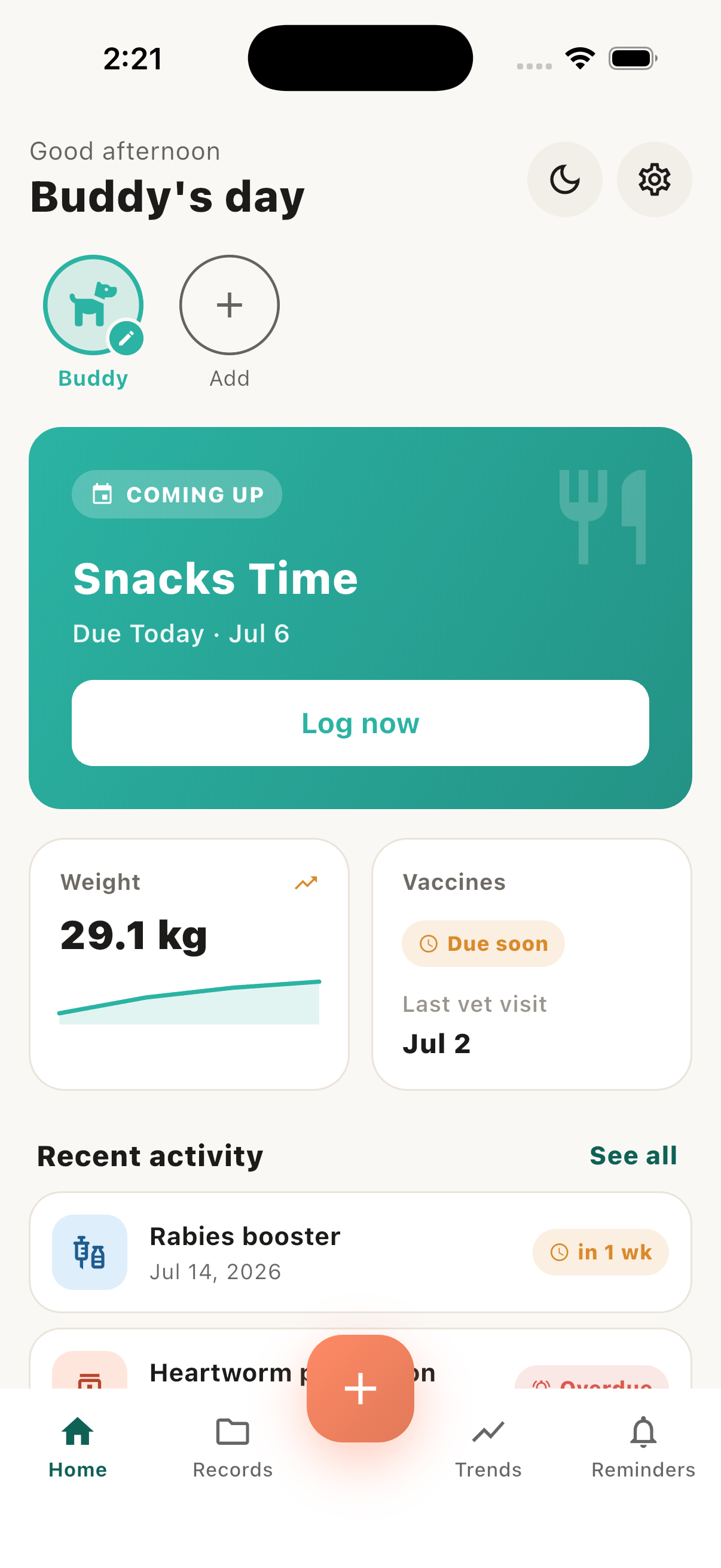 Tavi home screen showing Milo's day, next-up reminder and weight trend