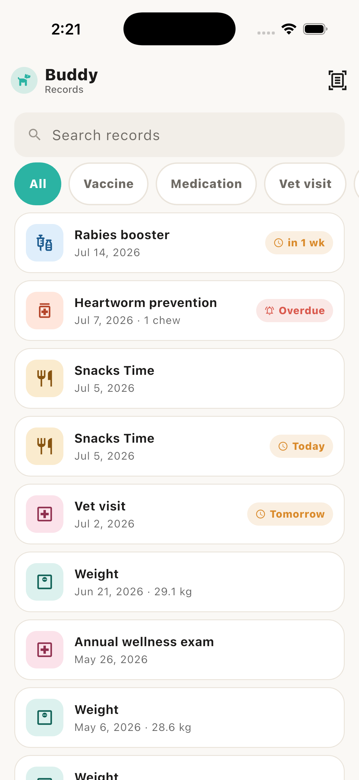 Tavi records timeline with colour-coded events
